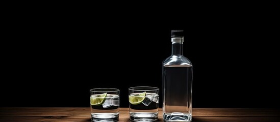 Poster - Vodka bottle and glasses placed on the table with a blank space for additional images.