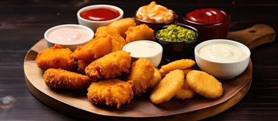 Aufkleber - Chicken nuggets made at home with various homemade sauces, featuring copy space image.