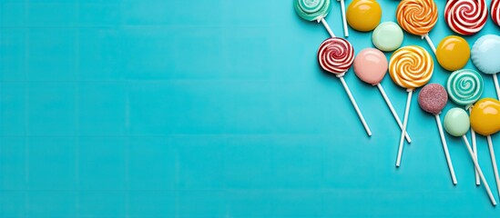 Fototapete - Flat lay of delicious lollipops on a turquoise backdrop with space for text or other elements in the image. with copy space image. Place for adding text or design