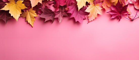 Aufkleber - an array of colorful fall foliage against a pink backdrop with available copy space image.