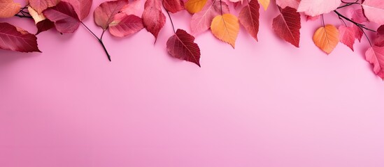 Aufkleber - an array of colorful fall foliage against a pink backdrop with available copy space image.