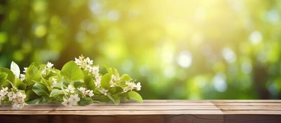 Poster - Nature outdoor scene with fresh green foliage, a wooden table, and beautiful bokeh sunlight creating a stunning spring background with a copy space image.