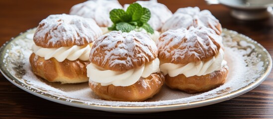 Fototapete - Vanilla and whipped cream-filled cream puffs on a white plate, with copy space image available.