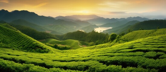 Poster - Scenic view of tea plantations and bamboo forest at sunset against a lush green natural backdrop, ideal for a copy space image.