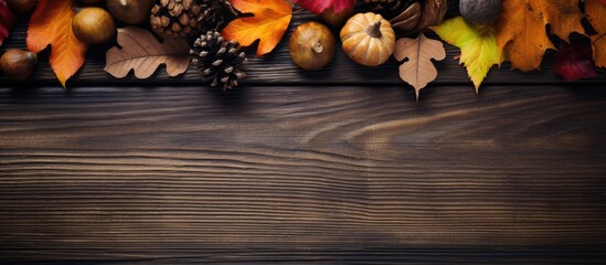 Aufkleber - Autumn-themed greeting card displayed on a wooden board with fallen leaves, acorns, and cones, creating a natural background, symbolizing the fall season in a flat lay copy space image.
