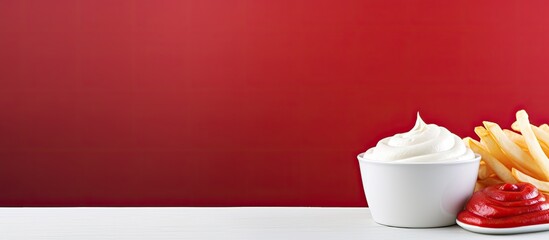 Poster - Sour cream and ketchup served with French fries or potato chips in copy space image.