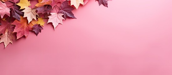 Aufkleber - An array of colorful fall foliage against a pink backdrop with available copy space image.