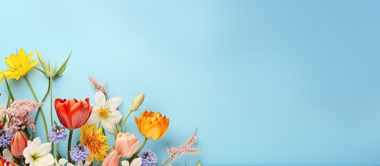 Wall Mural - Spring flowers in vibrant colors against a soft blue backdrop create a romantic and aesthetically pleasing copy space image.