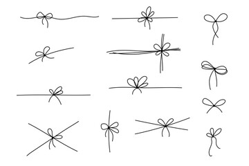 Gift bow for present icons. Ribbon with knot doodle, vector line drawings set. Outline minimal tie sketch isolated on white