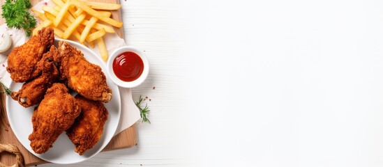 Poster - Top view of fried chicken and French fries on a white background with space for adding images. with copy space image. Place for adding text or design