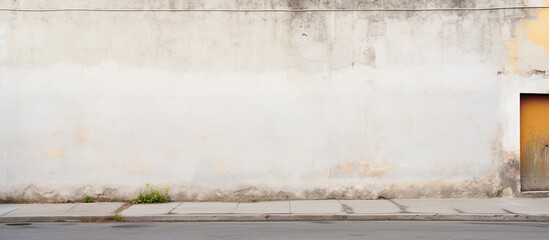 Aufkleber - White building behind a weathered surrounding wall, with a sidewalk and asphalt road in front, providing a background for a copy space image.