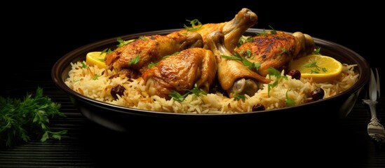 Wall Mural - Mandi or Kabse, a dish of rice and chicken, featured on a grey background with copy space image.