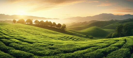 Poster - Scenic view of tea plantations and bamboo forest at sunset against a lush green natural backdrop, ideal for a copy space image.