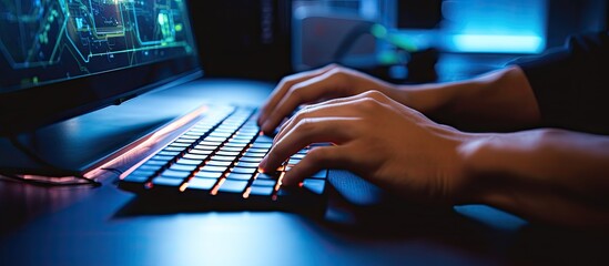 Man using mouse and keyboard to stream online on a virtual screen with copy space image for watching videos, movies, live shows, or tutorials online.