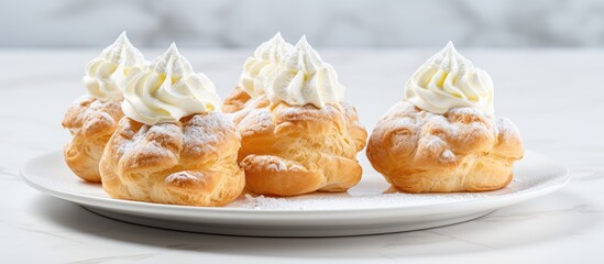 Fototapete - Vanilla and whipped cream-filled cream puffs on a white plate, with copy space image available.