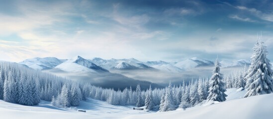 Poster - Winter mountain valley scene featuring snow-covered pines captured in soft light creates an amazing natural background with copy space image.