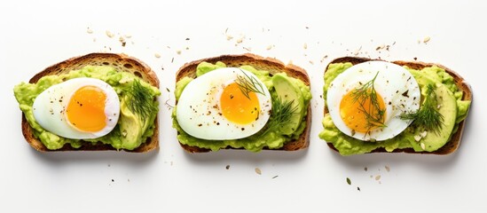 Leinwandbilder - Avocado toast with hard-boiled eggs on a white background, perfect for a healthy breakfast, with copy space image.