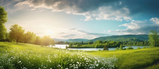 Wall Mural - Stunning spring landscape enhanced by the sun on the lush greenery with a captivating background, suitable for a copy space image.