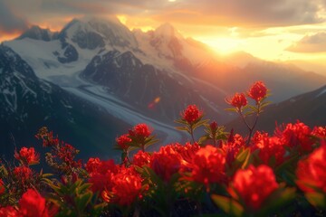 Wall Mural - High Mountain Sunrise Red Flower