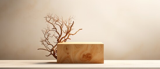 Poster - Wooden cube podium with branches on light background, ideal for front view showcase with copy space image.