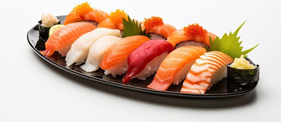 Aufkleber - Isolated on a white background, a plate with mouthwatering nigiri sushi offers copy space image.