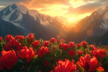 Wall Mural - High Mountain Sunrise Red Flower