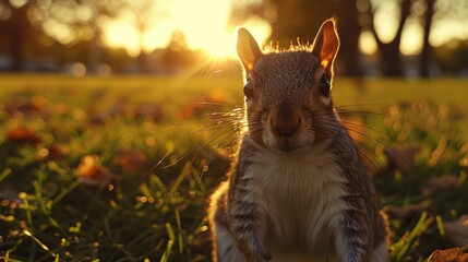 A cute squirrel poses in the sunset on the grass in the park. A small wild animal.