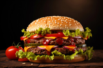 delicious cheesburger on wooden table isolated on black background