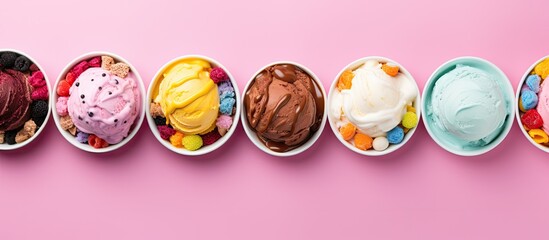 Aufkleber - Colorful ice cream bowls with a variety of flavors and fresh toppings arranged on a pink background in a top-view copy space image.