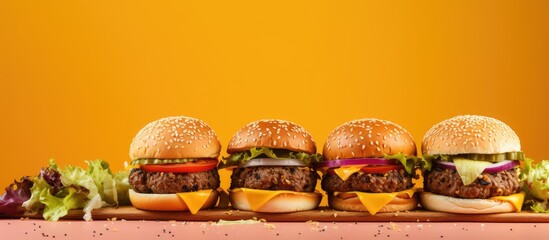 Aufkleber - Hands holding delicious burgers with a variety of quality ingredients on an orange backdrop, ideal for a food-themed copy space image.