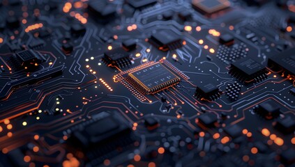 Close up of a black circuit board with a glowing chip, featuring a blue and orange color scheme
