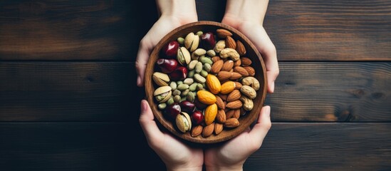 Aufkleber - A woman's hands holding a wooden bowl filled with assorted nuts - walnuts, pistachios, almonds, hazelnuts, and cashews, creating a healthy snack; perfect for a copy space image.