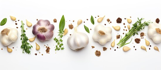 Top view of garlic and herbs on a white background with an available area for additional image content.