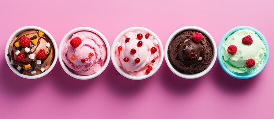 Aufkleber - Colorful ice cream bowls with a variety of flavors and fresh toppings arranged on a pink background in a top-view copy space image.