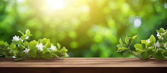 Poster - Nature outdoor scene with fresh green foliage, a wooden table, and beautiful bokeh sunlight creating a stunning spring background with a copy space image.