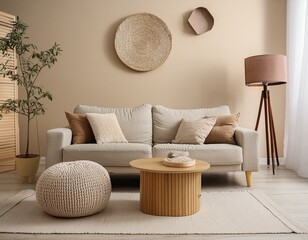 Poster - Stylish living room in beige tones with a sofa, a sconce, a wooden table, a marble side table and pouf