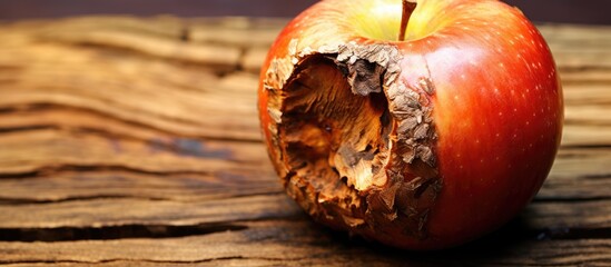 Close-up image of a diseased apple on brown wood, showcasing fruit rot with half healthy, half spoiled; ideal for copy space image.
