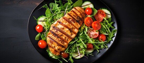 Poster - Healthy lunch menu featuring grilled chicken breast, fresh vegetable salad, including lettuce, arugula, spinach, cucumber, and tomato, with a top view showcasing a copy space image.