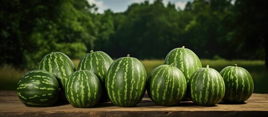Aufkleber - Multiple large sweet green watermelons, whole and sliced, displayed on a wooden table against a natural backdrop for sale with copy space image.