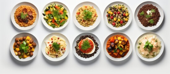 Wall Mural - A collection of appetizing couscous dishes displayed on a white backdrop with copy space image.