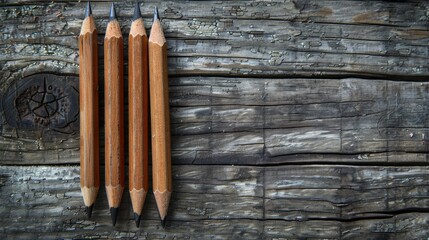 Poster - Pencils made of wood placed on a wooden surface