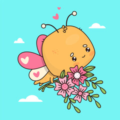 Sticker - Cute butterfly in love flies with bouquet of flowers. Funny cartoon insect kawaii character. Vector illustration. Kids collection