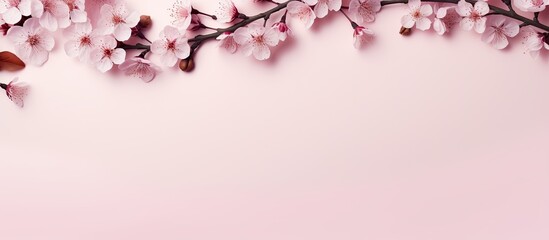 Poster - Pink plum blossom frame on pastel background signifies the Happy Women's Day concept in a top view flat lay style with copy space image.