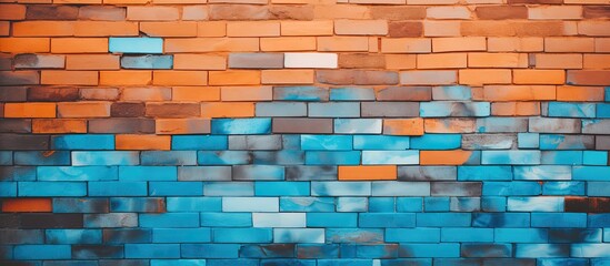 Wall Mural - spray-painted blue and orange colors on a brick wall with a copy space image.
