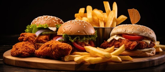 Aufkleber - A close-up of a delicious homemade burger, hot dogs, and fried chicken with fries, representing classic American fast food, displayed in a copy space image.