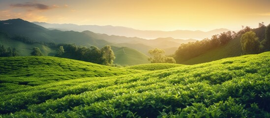 Poster - Scenic view of tea plantations and bamboo forest at sunset against a lush green natural backdrop, ideal for a copy space image.