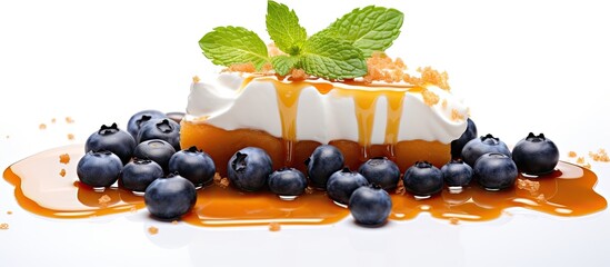 Wall Mural - A tasty dessert featuring caramel, blueberries, and mint with a white background for copy space image.