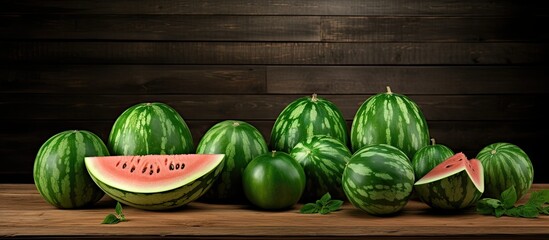 Leinwandbilder - Multiple large sweet green watermelons, whole and sliced, displayed on a wooden table against a natural backdrop for sale with copy space image.