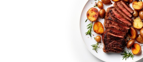 Poster - Top view of a plate with grilled beef steak and potatoes isolated on a white background, with copy space image.