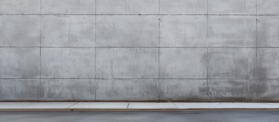 An urban concrete wall fragment with a building facade and an asphalt sidewalk, serving as a background for a copy space image.